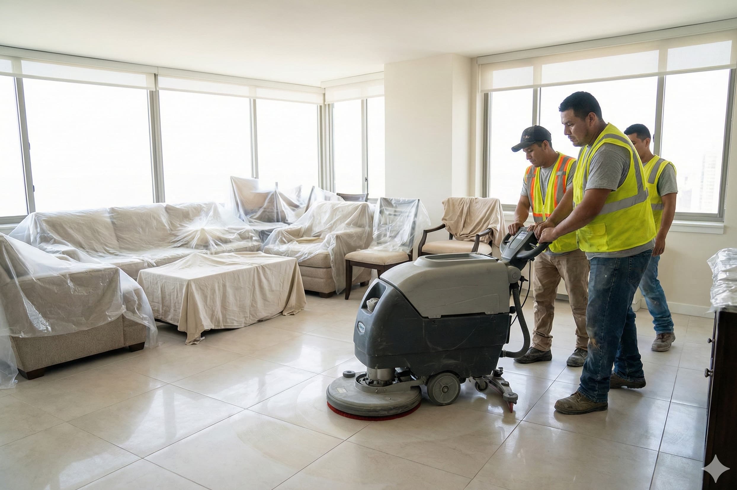 Floor cleaning and polishing in living room