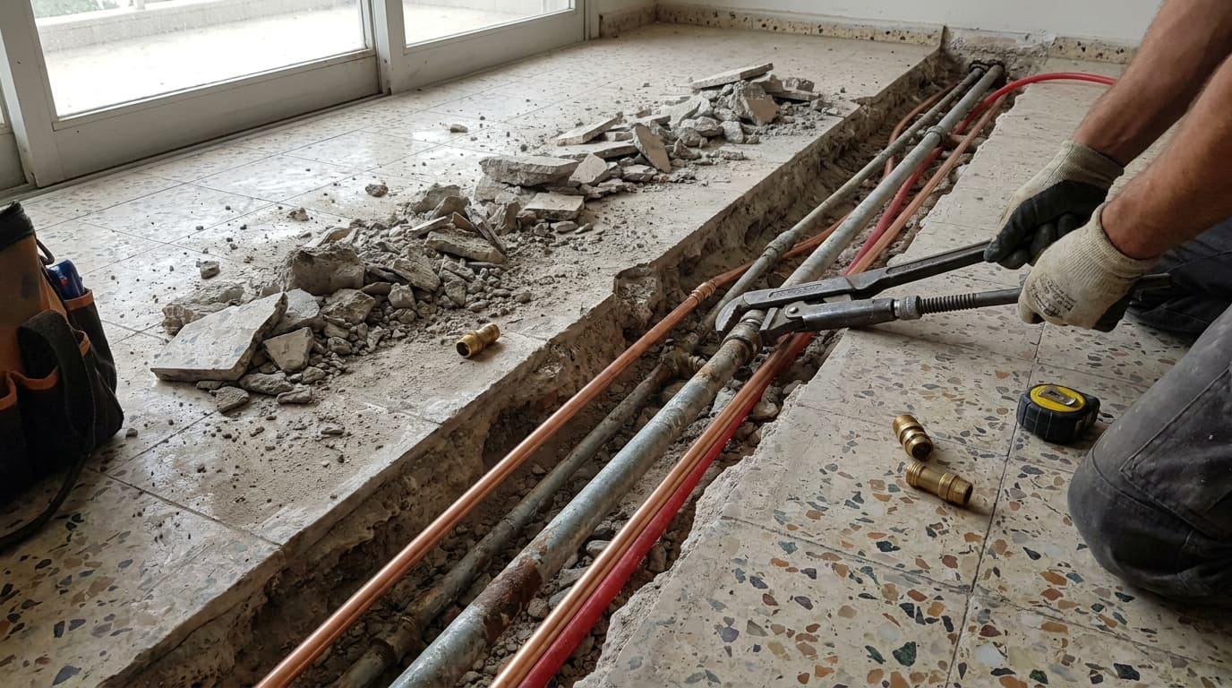 תעלה ברצפת דירה ישנה עם החלפת צנרת ישנה לחדשה